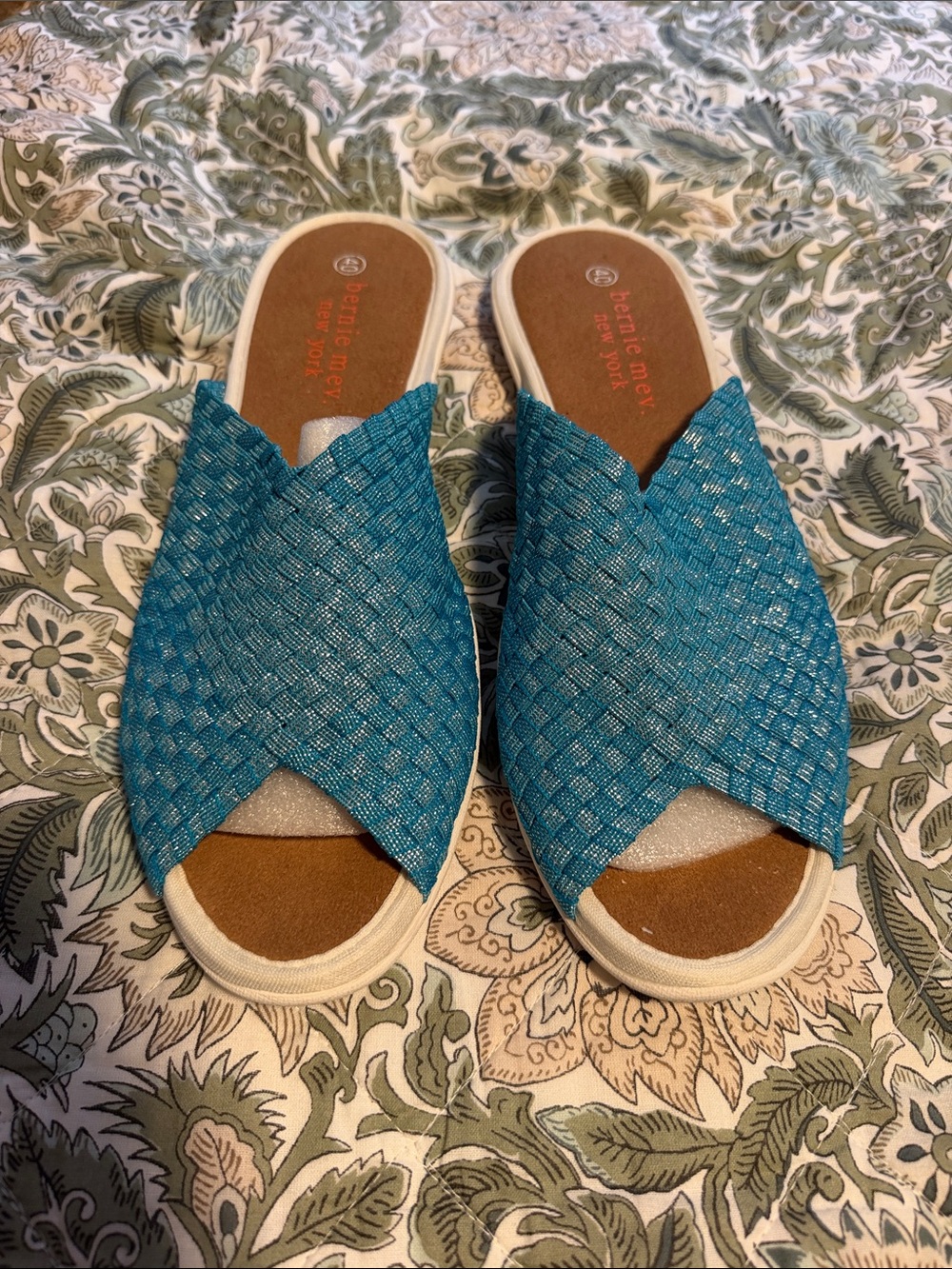 bernie mev. Teal Woven Crossover Slide Mules